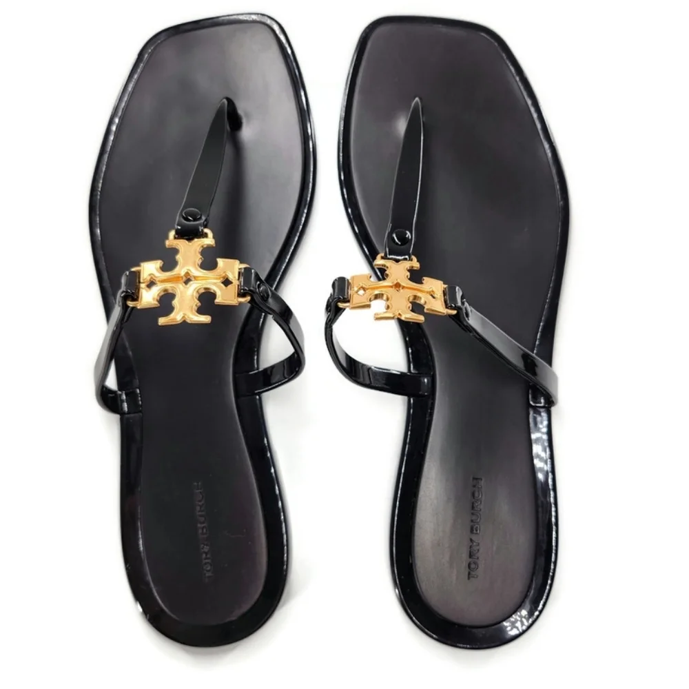 Tory Burch Roxanne Black Jelly Gold Double T Logo T-Strap Slide-On Thong Sandals - Picture 5 of 9